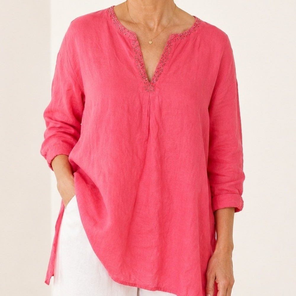 Eileen Fisher Pink Irish Linen Sequin V-Neck Tunic Top Coral Womens Medium